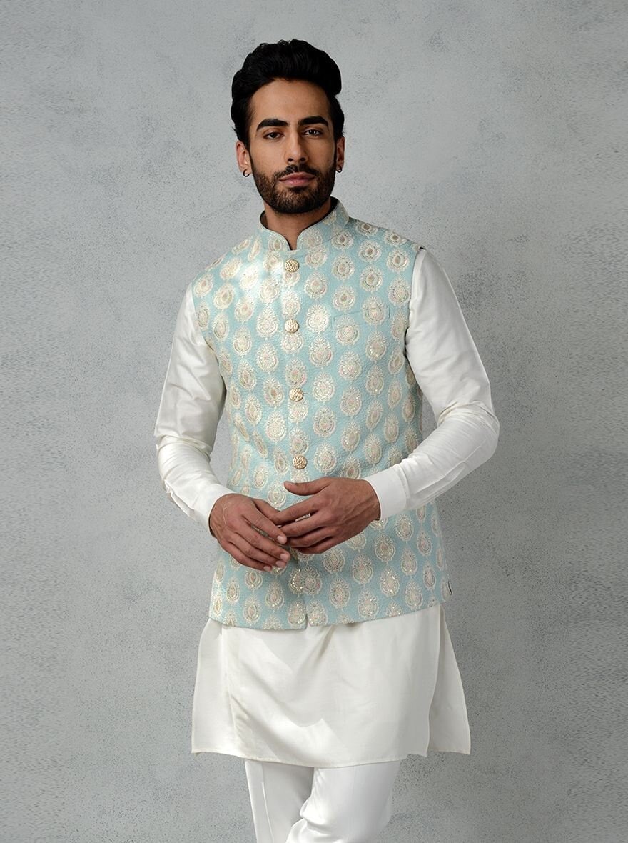 Mens Handmade Embroidered Waistcoat Set: Cotton Kurta Pajama