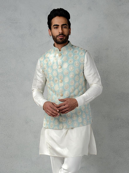 Mens Handmade Embroidered Waistcoat Set: Cotton Kurta Pajama
