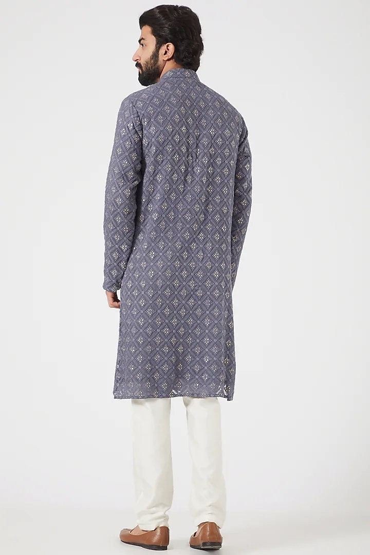 Handmade Mens Embroidered Kurta Pajama Set: Georgette Indian Wedding Wear