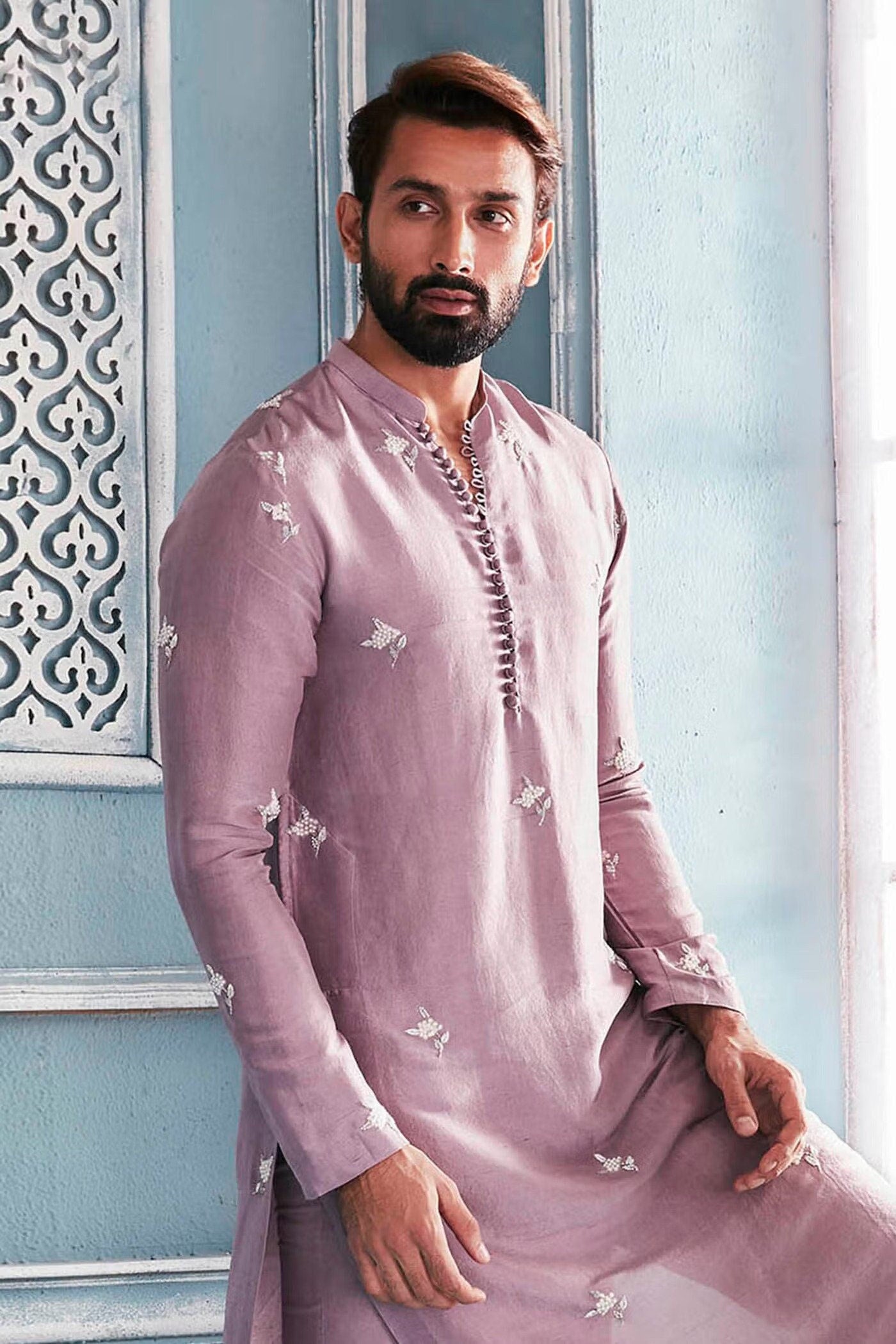 Lilac color Raw silk bespoke embroidery wedding wear kurta Pajama set