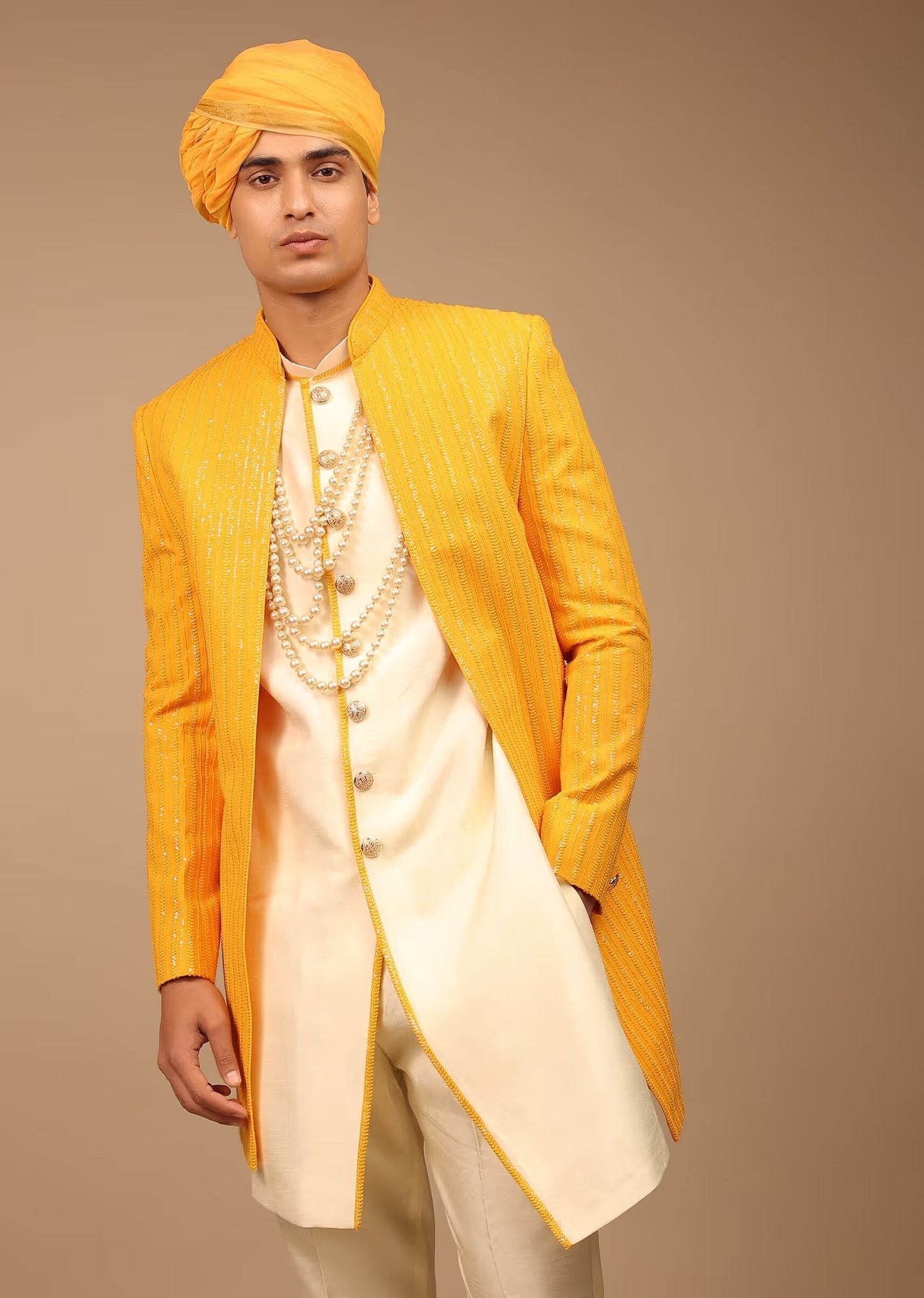 Yellow Colour handmade embroidery mens wedding wear indowestern, function wear, festival wear, embroidery indowestern in menswear