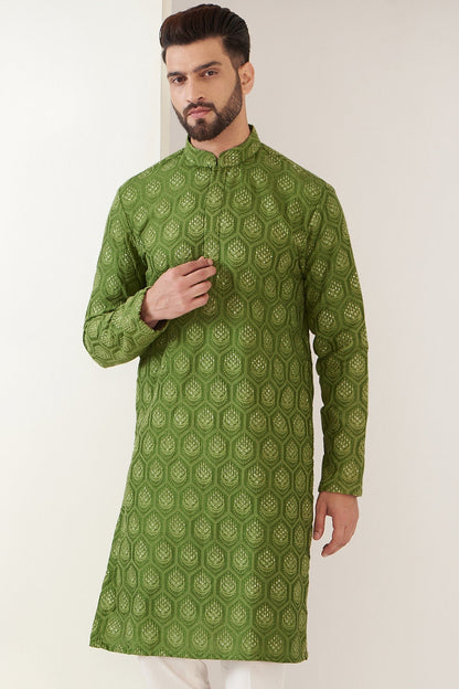 Mens Chikankari Kurta Pyjama Set: Dola Silk Indian Wedding Outfit