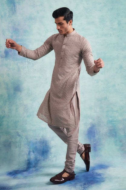 Mens Grey Embroidered Kurta Pajama Set: Indian Wedding Outfit