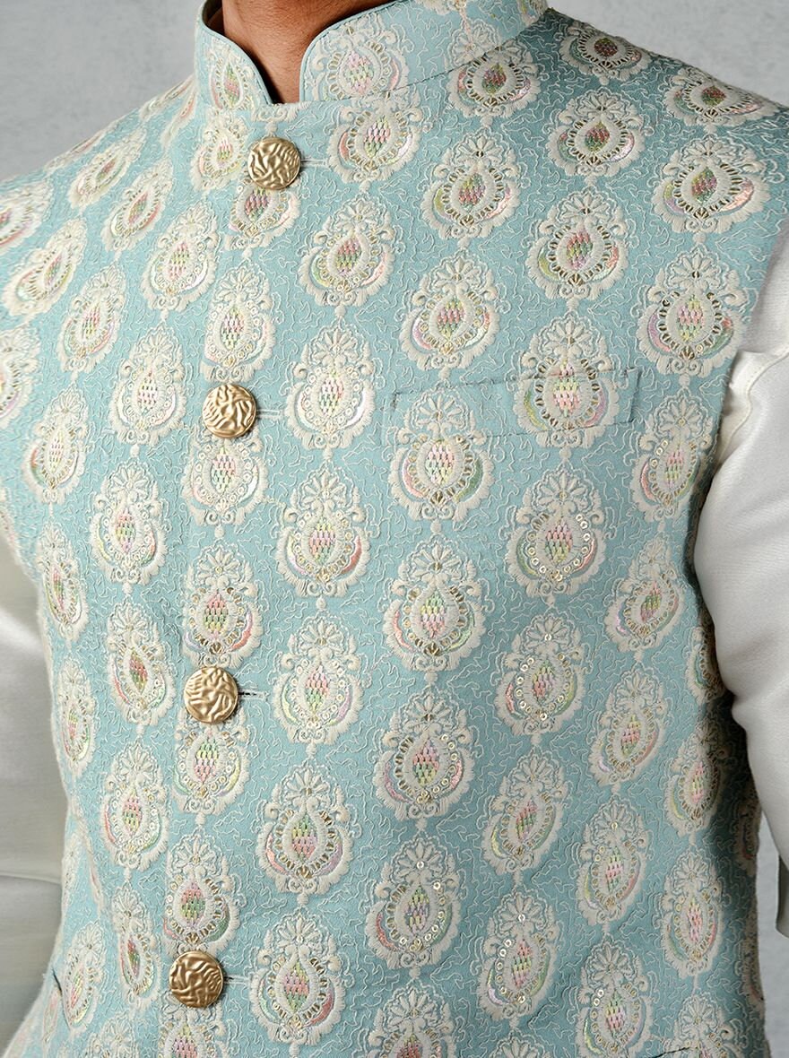 Mens Handmade Embroidered Waistcoat Set: Cotton Kurta Pajama