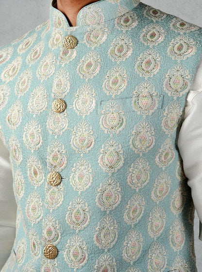 Mens Handmade Embroidered Waistcoat Set: Cotton Kurta Pajama