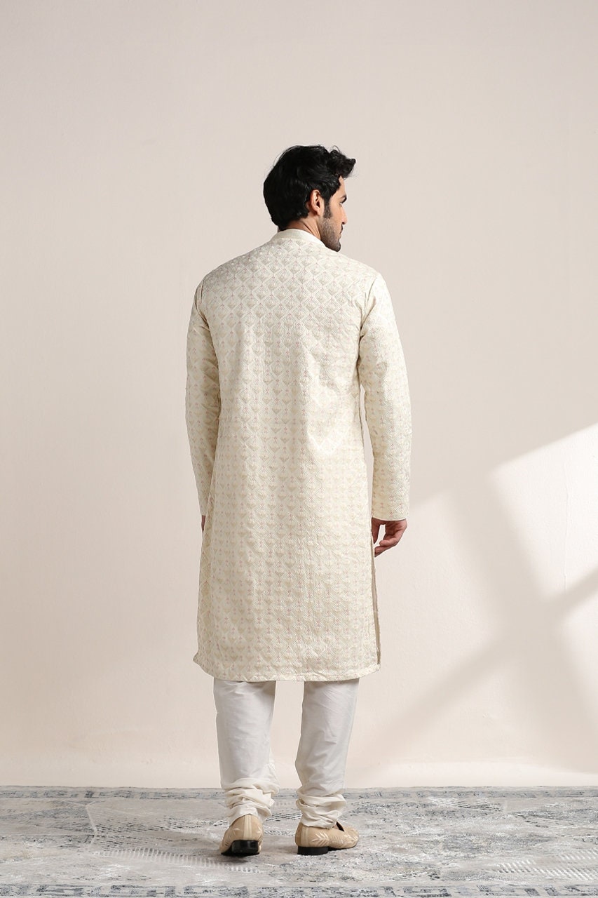 Handmade Off White Tusser Silk Kurta Churidar Set: Indian Wedding Wear