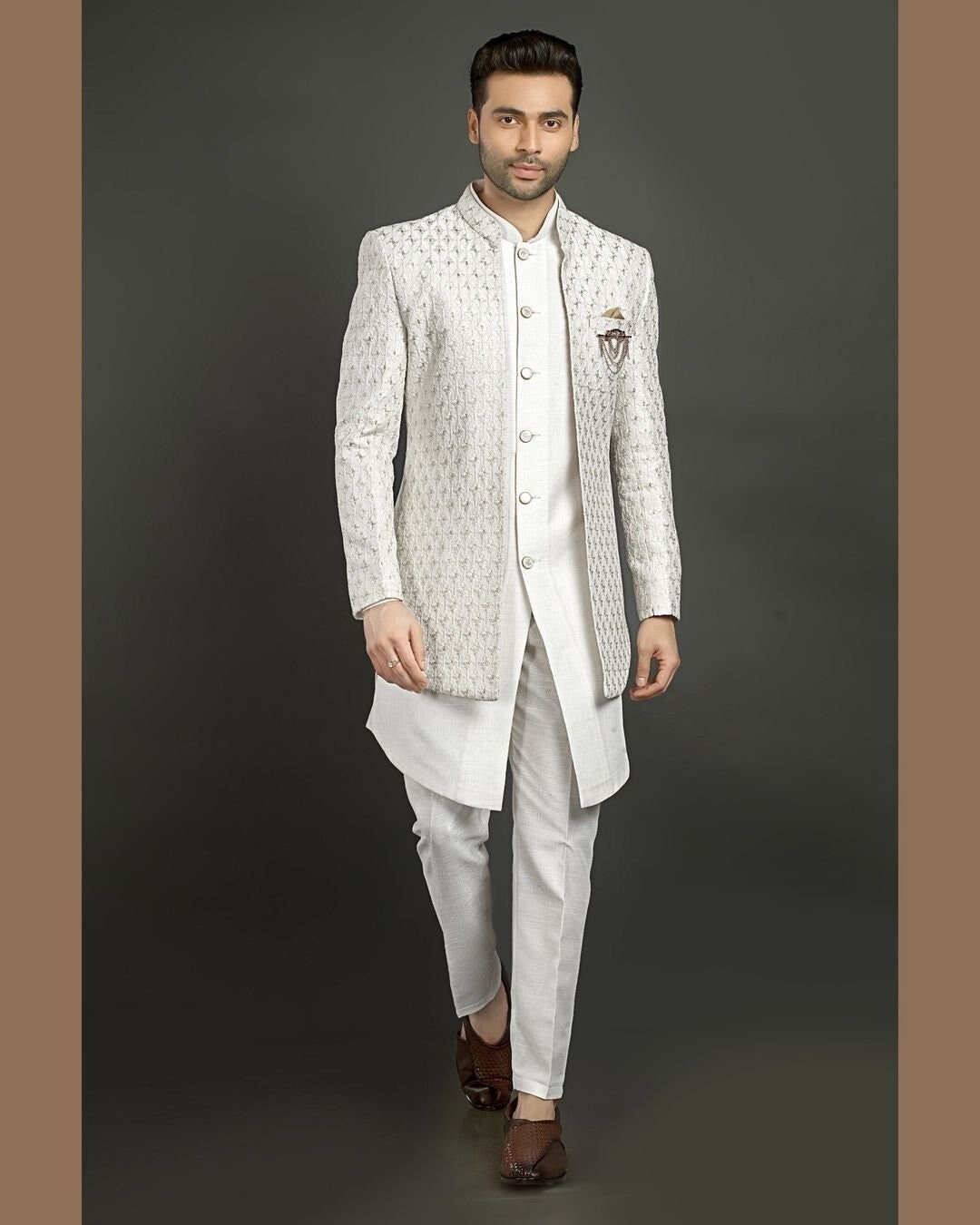 Embroidered Silk Blend Indowestern Outfit: Men's Wedding Sherwani