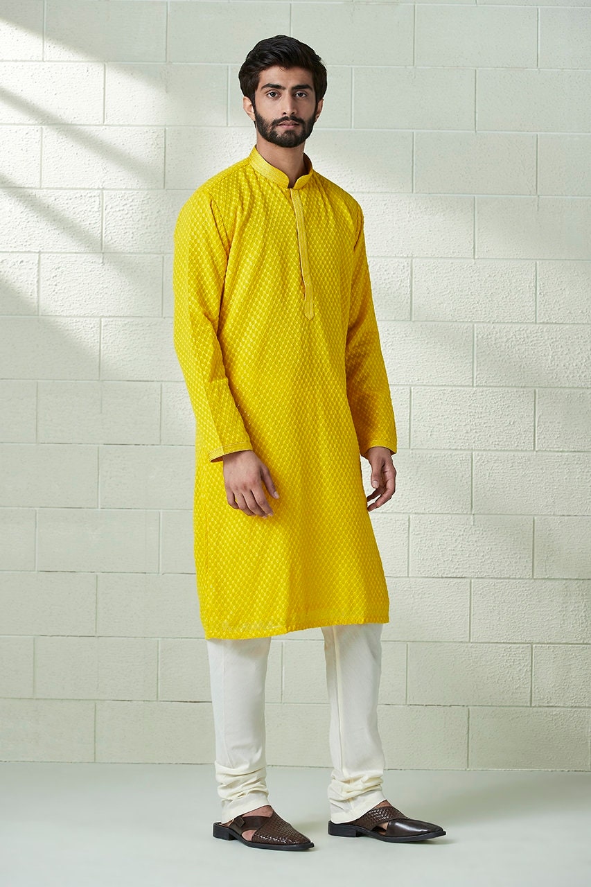 Handmade georgette embroidery Costom Fit Mens kurta Churidar set for indian wedding wear.