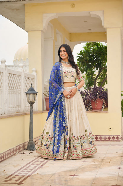 Women’s Pure Tissue Silk Embroidered Lehenga Choli Set with Bandhej Georgette Dupatta