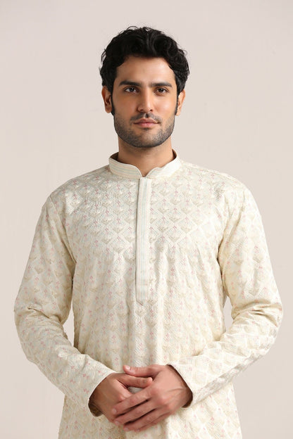 Handmade Off White Tusser Silk Kurta Churidar Set: Indian Wedding Wear