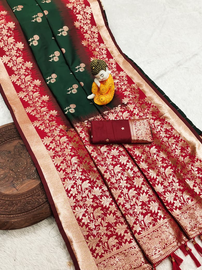 Pure Banarasi Silk Saree with Zari & Meena Work Rich Pallu, All Over Butti Design with Heavy Contrast Border, Soft Traditional Wedding Saree with Contrast Weaving Blouse