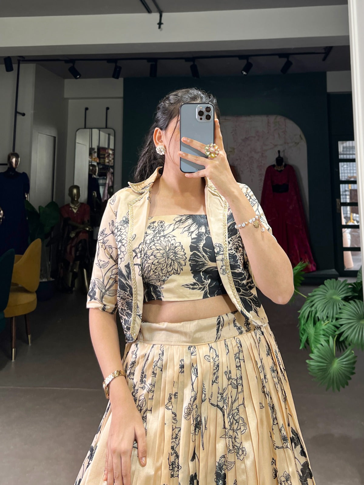 Tasar Silk Floral Print Lehenga Choli with Koti (Fully Stitched)