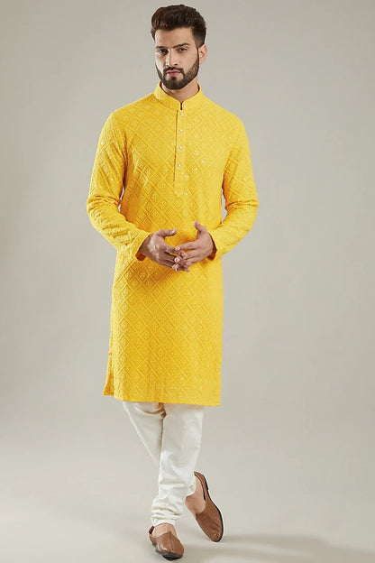 Handmade Mens Embroidered Kurta Pajama Set: Georgette Indian Wedding Wear