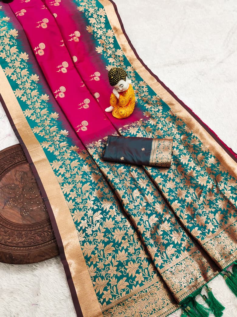 Pure Banarasi Silk Saree with Zari & Meena Work Rich Pallu, All Over Butti Design with Heavy Contrast Border, Soft Traditional Wedding Saree with Contrast Weaving Blouse