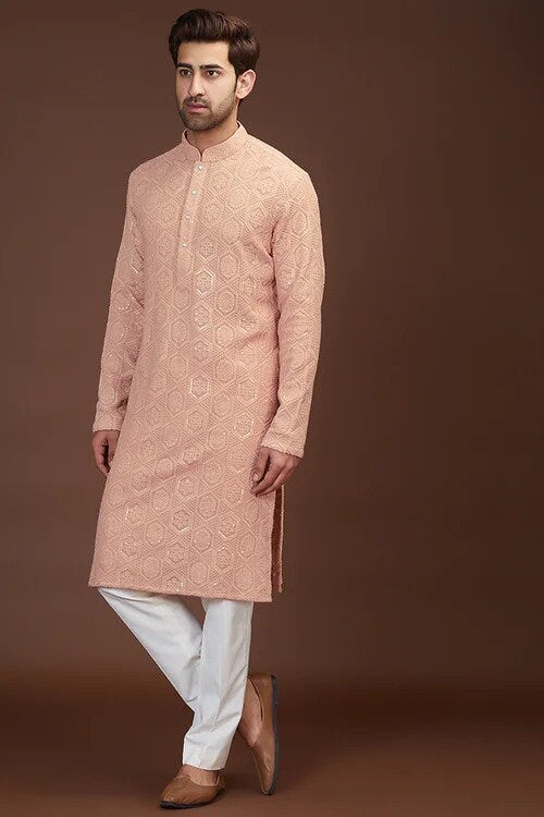 Custom Fit Georgette Embroidery Kurta Pajama Set: Ethnic Wedding Wear