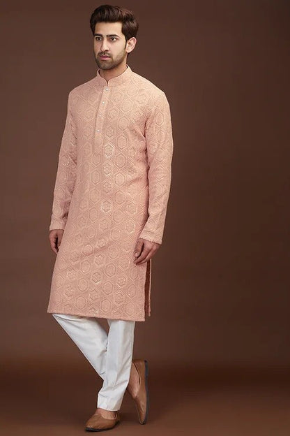 Custom Fit Georgette Embroidery Kurta Pajama Set: Ethnic Wedding Wear