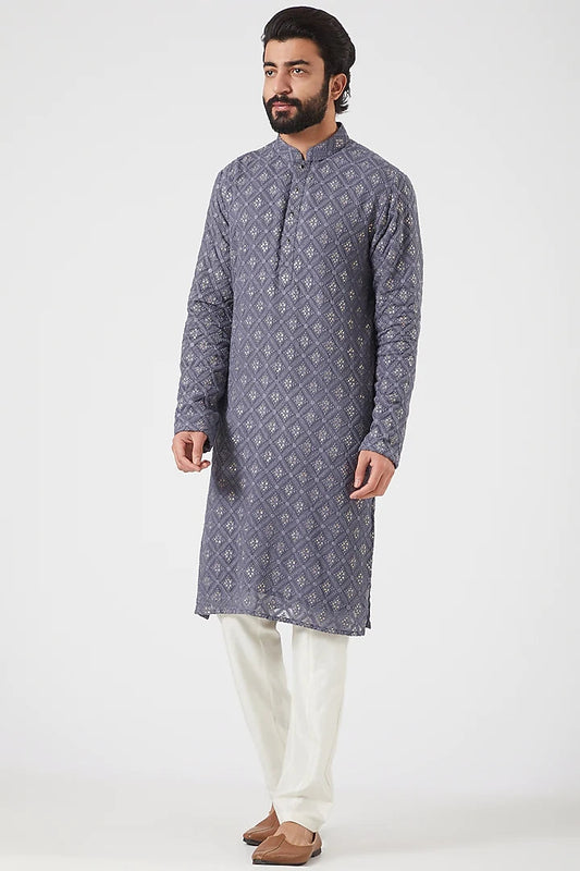 Handmade Mens Embroidered Kurta Pajama Set: Georgette Indian Wedding Wear