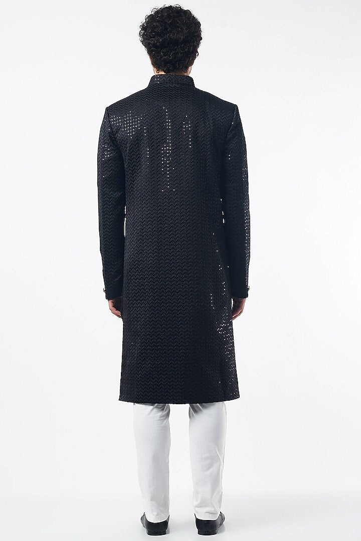 Black Viscose Embroidered Mens Sherwani: Indian Wedding Wear