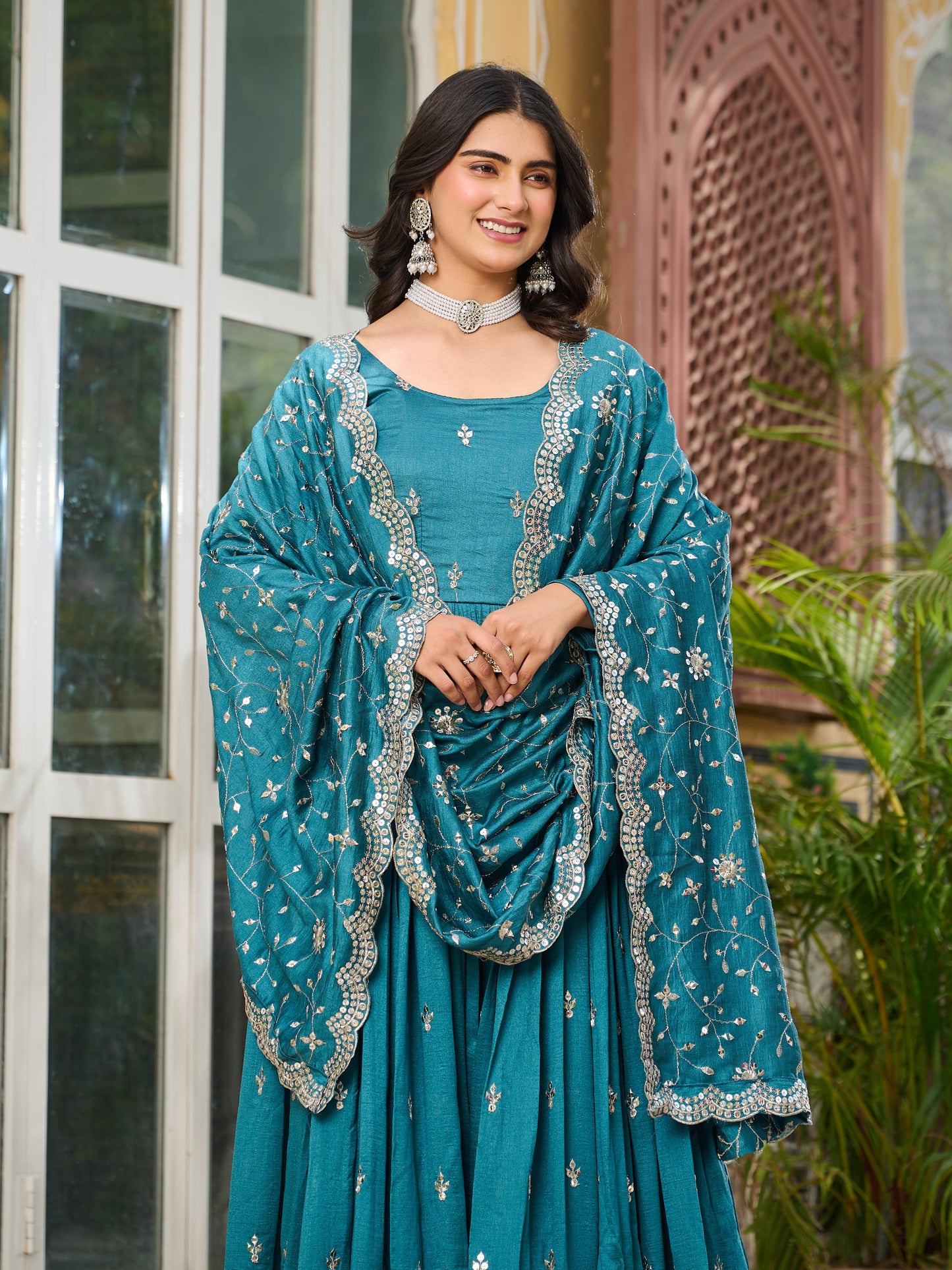 Women’s Designer Vichitra Silk Embroidered Gown with Dupatta