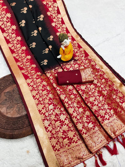 Pure Banarasi Silk Saree with Zari & Meena Work Rich Pallu, All Over Butti Design with Heavy Contrast Border, Soft Traditional Wedding Saree with Contrast Weaving Blouse