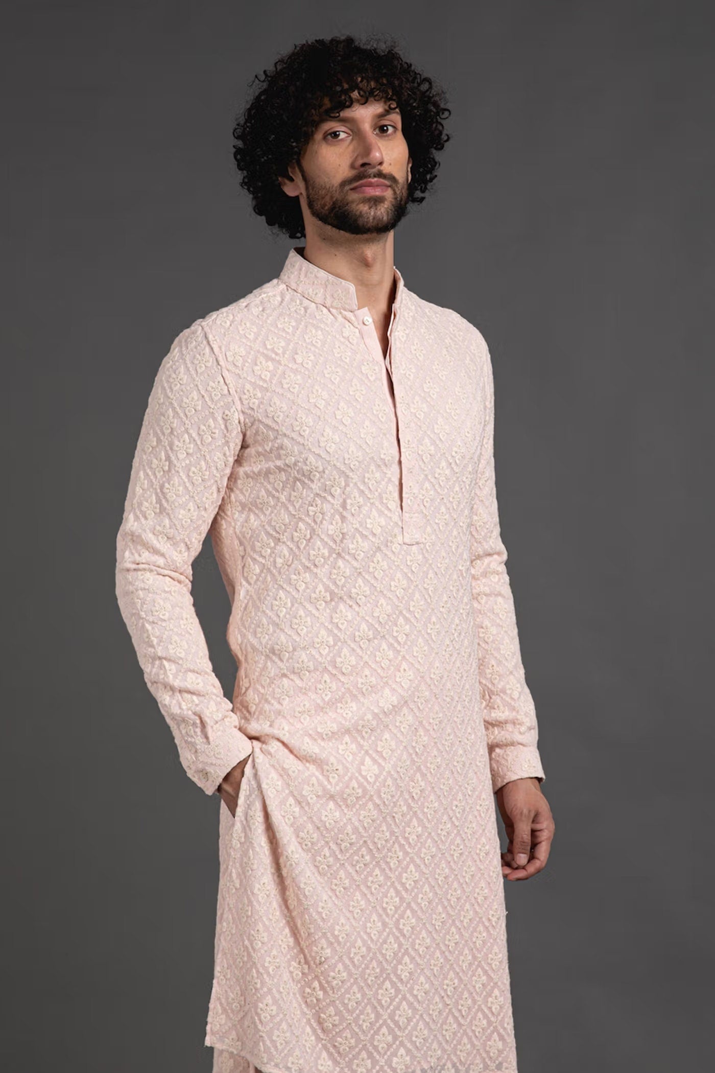 Mens Beige Chikankari Kurta Pajama Set: Indian Wedding Outfit