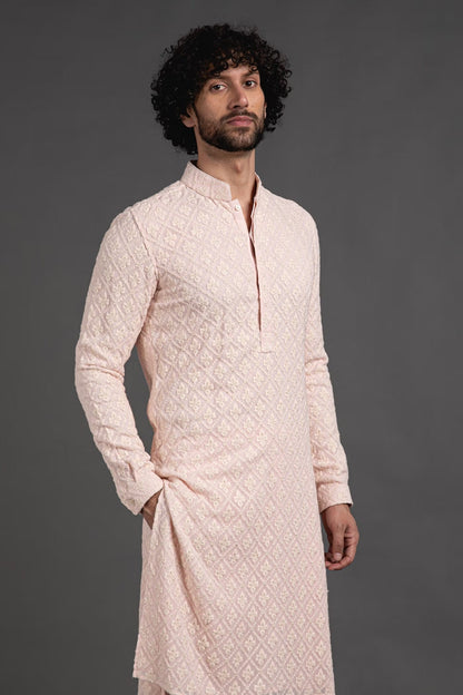 Mens Beige Chikankari Kurta Pajama Set: Indian Wedding Outfit