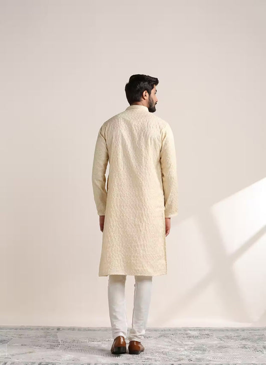 Handmade custom fit mens tusser silk embroidery kurta pajama set for wedding wear