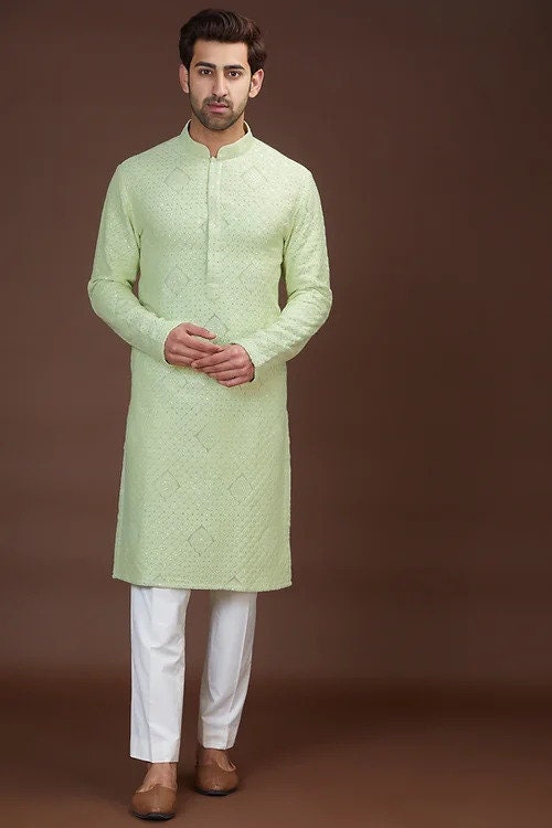 Mens Chikankari Kurta Pajama Set: Georgette Indian Wedding Outfit