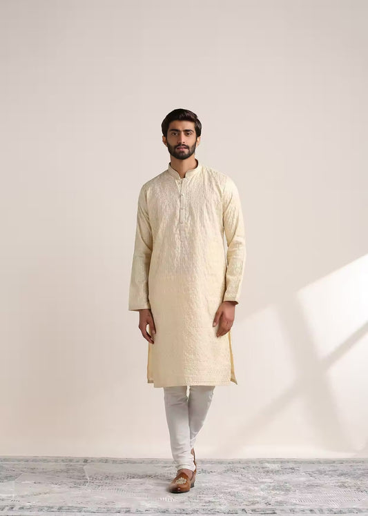 Handmade custom fit mens tusser silk embroidery kurta pajama set for wedding wear