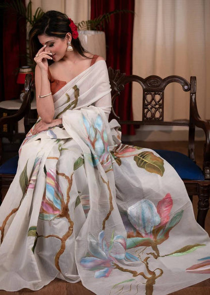 White Kalamkari Beautifull Saree with Blouse Piece