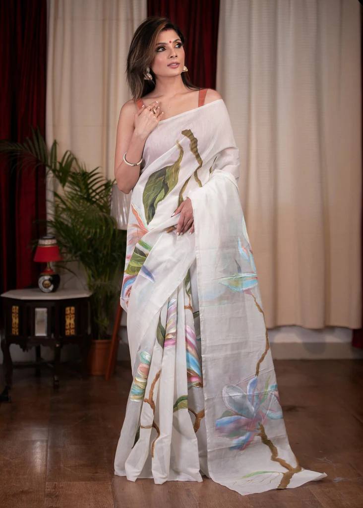 White Kalamkari Beautifull Saree with Blouse Piece