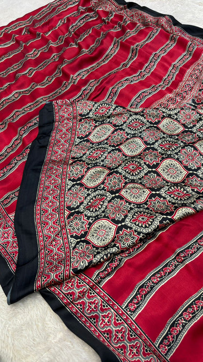 Ajrakh Modal Silk Saree with Fancy Pallu