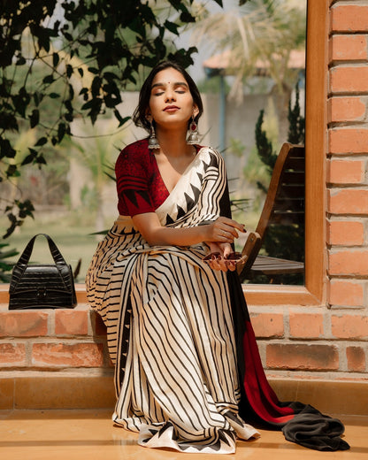 Elegant Beige Satin Saree with Black Line  And Red  Bindi Design & Black Pallu