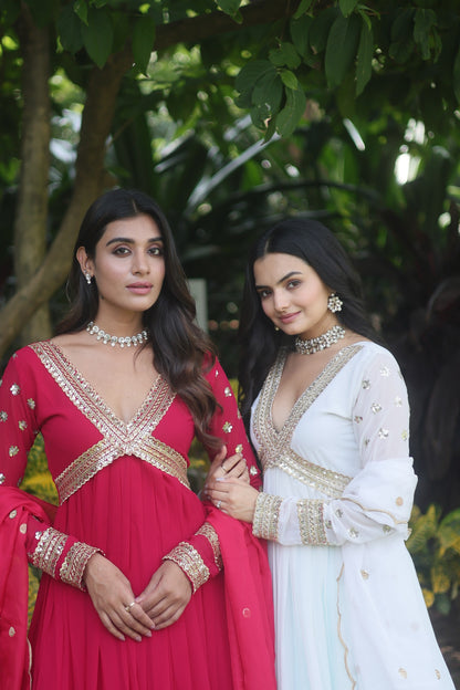 Women’s Faux Blooming Embroidered Anarkali Gown with Russian Silk Cutwork Dupatta