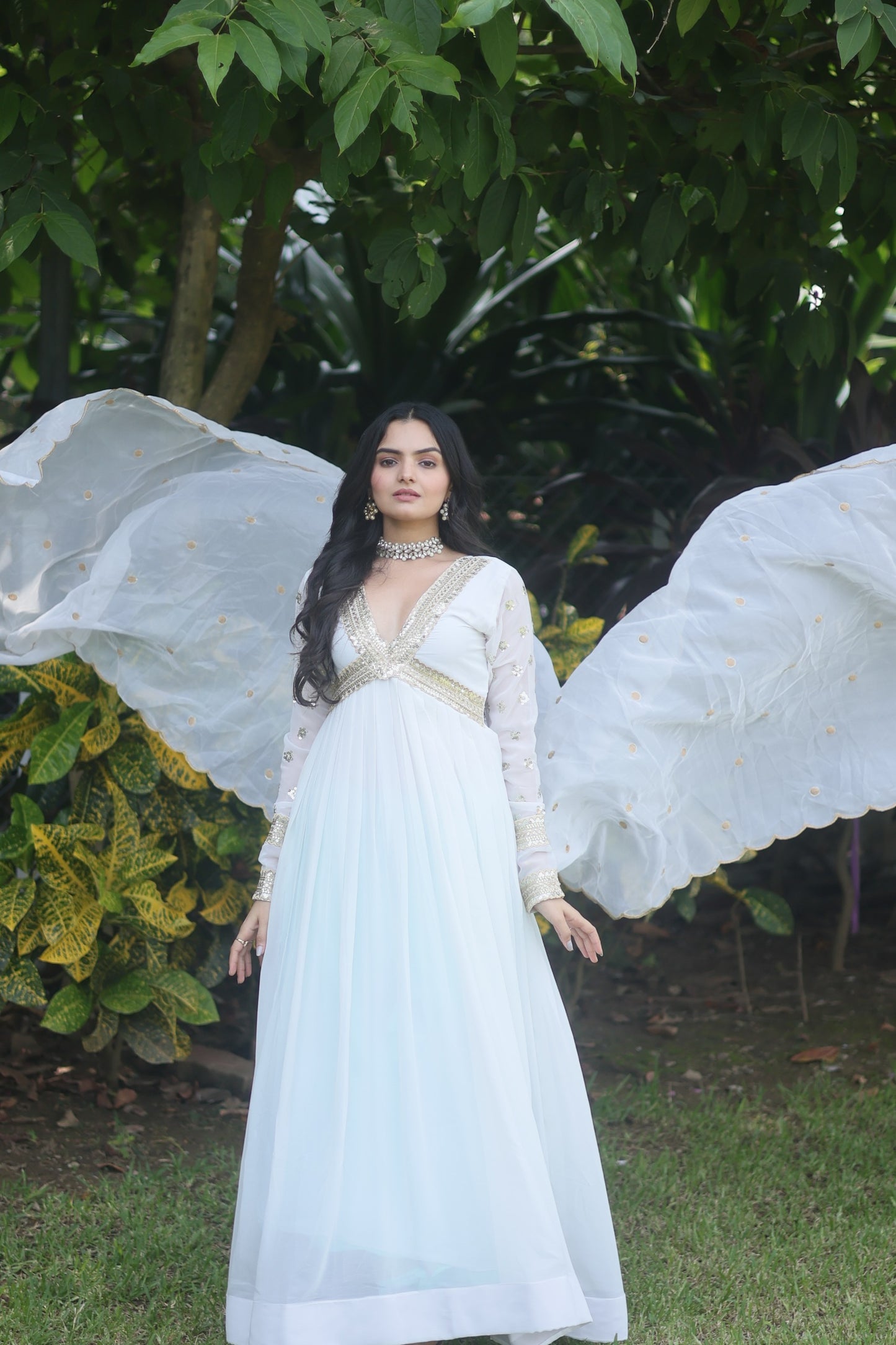 Women’s Faux Blooming Embroidered Anarkali Gown with Russian Silk Cutwork Dupatta