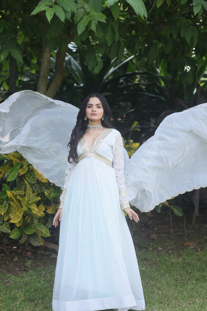 Women’s Faux Blooming Embroidered Anarkali Gown with Russian Silk Cutwork Dupatta