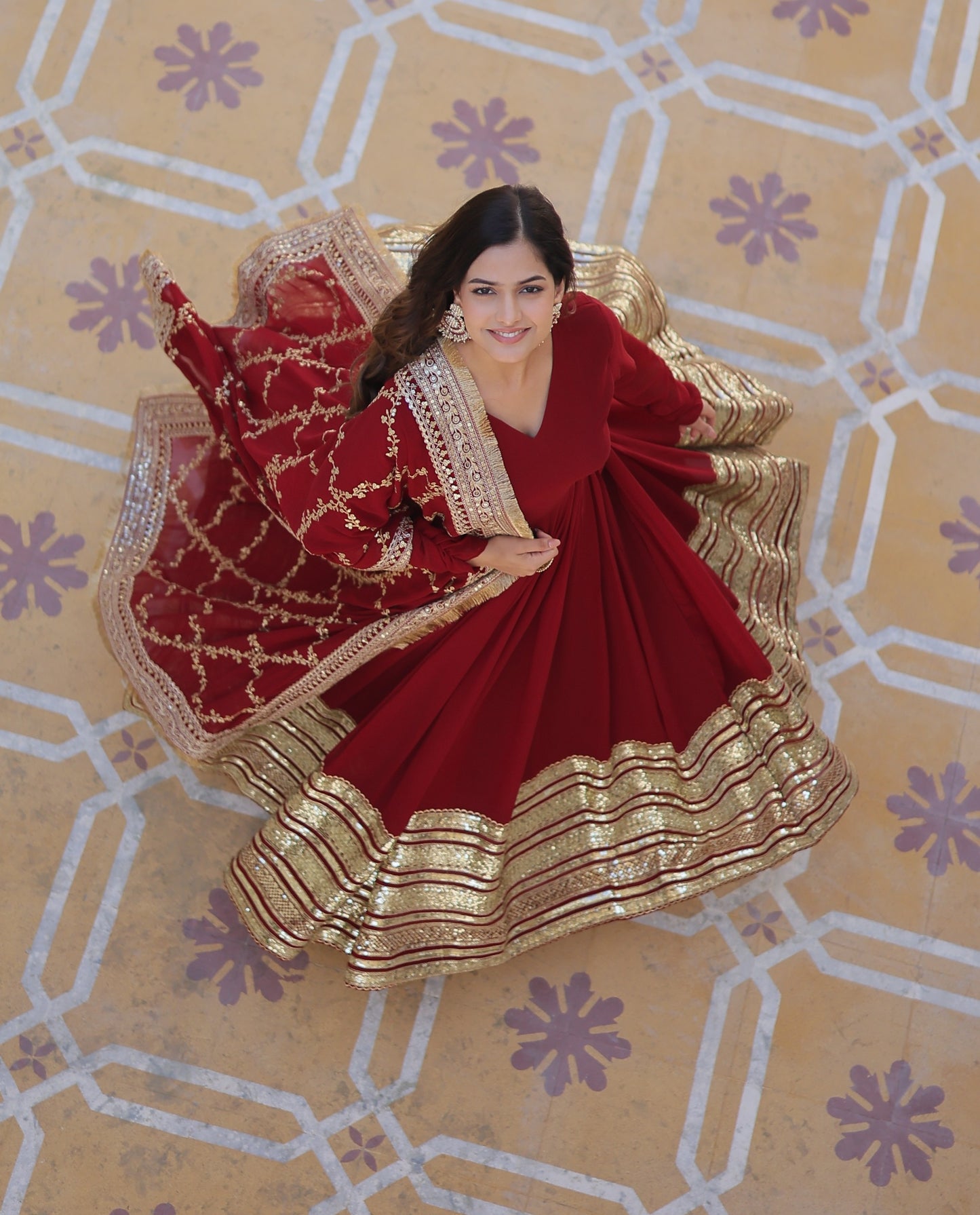 Women’s Maroon Faux Blooming Embroidered Anarkali Gown with Dupatta