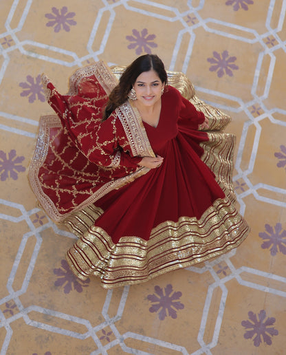 Women’s Maroon Faux Blooming Embroidered Anarkali Gown with Dupatta