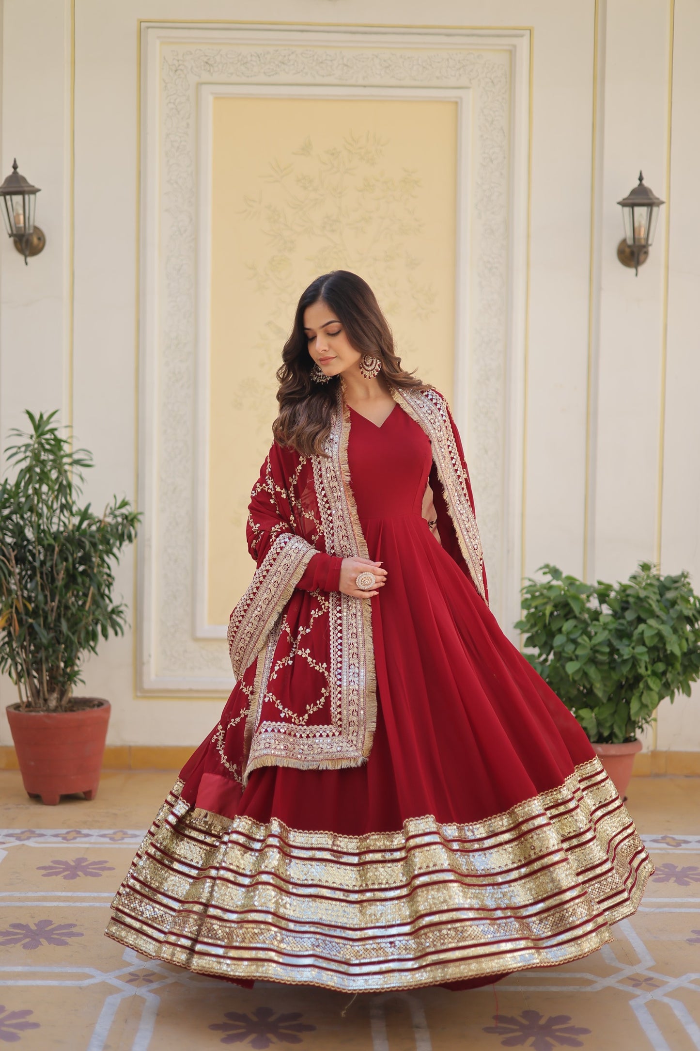 Women’s Maroon Faux Blooming Embroidered Anarkali Gown with Dupatta