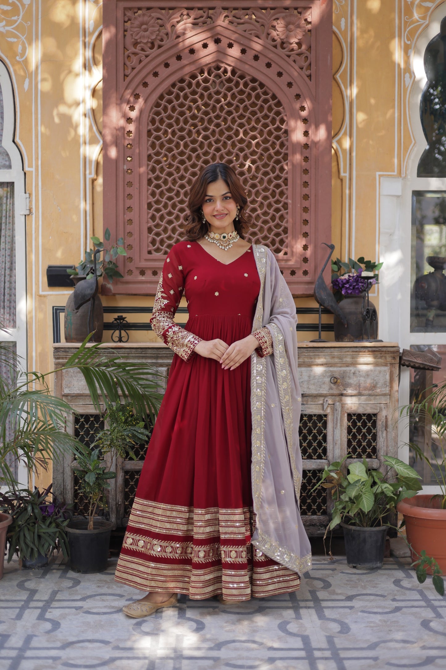 Faux Blooming Embroidered Gown with Faux Georgette Dupatta