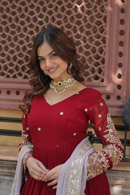 Faux Blooming Embroidered Gown with Faux Georgette Dupatta