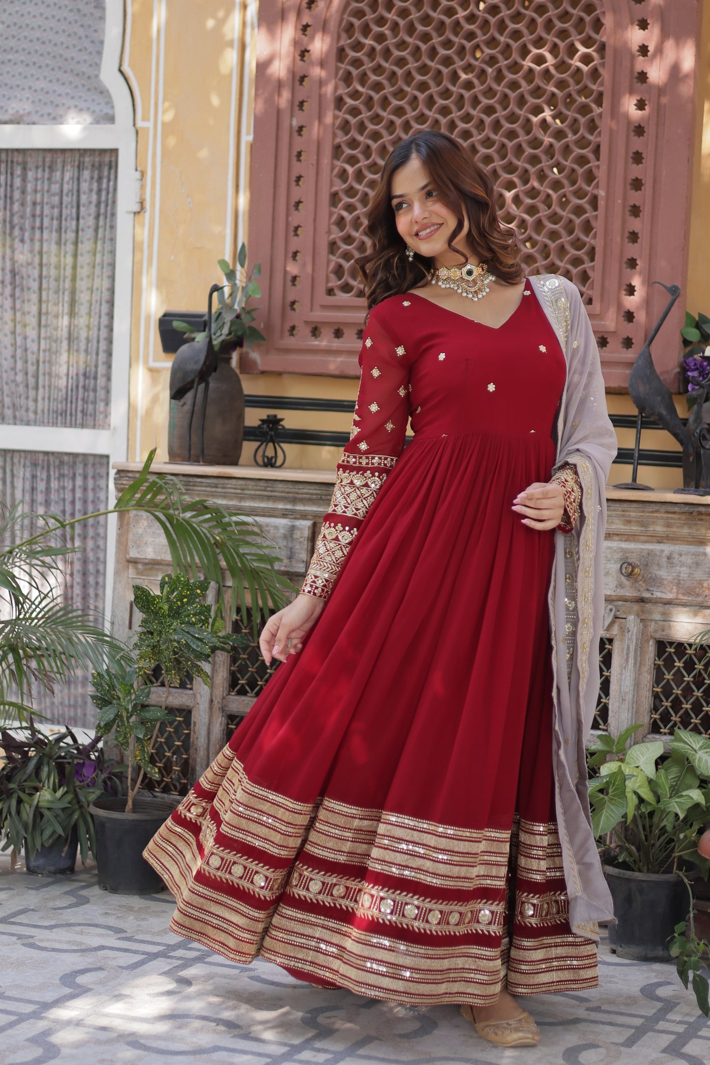 Faux Blooming Embroidered Gown with Faux Georgette Dupatta