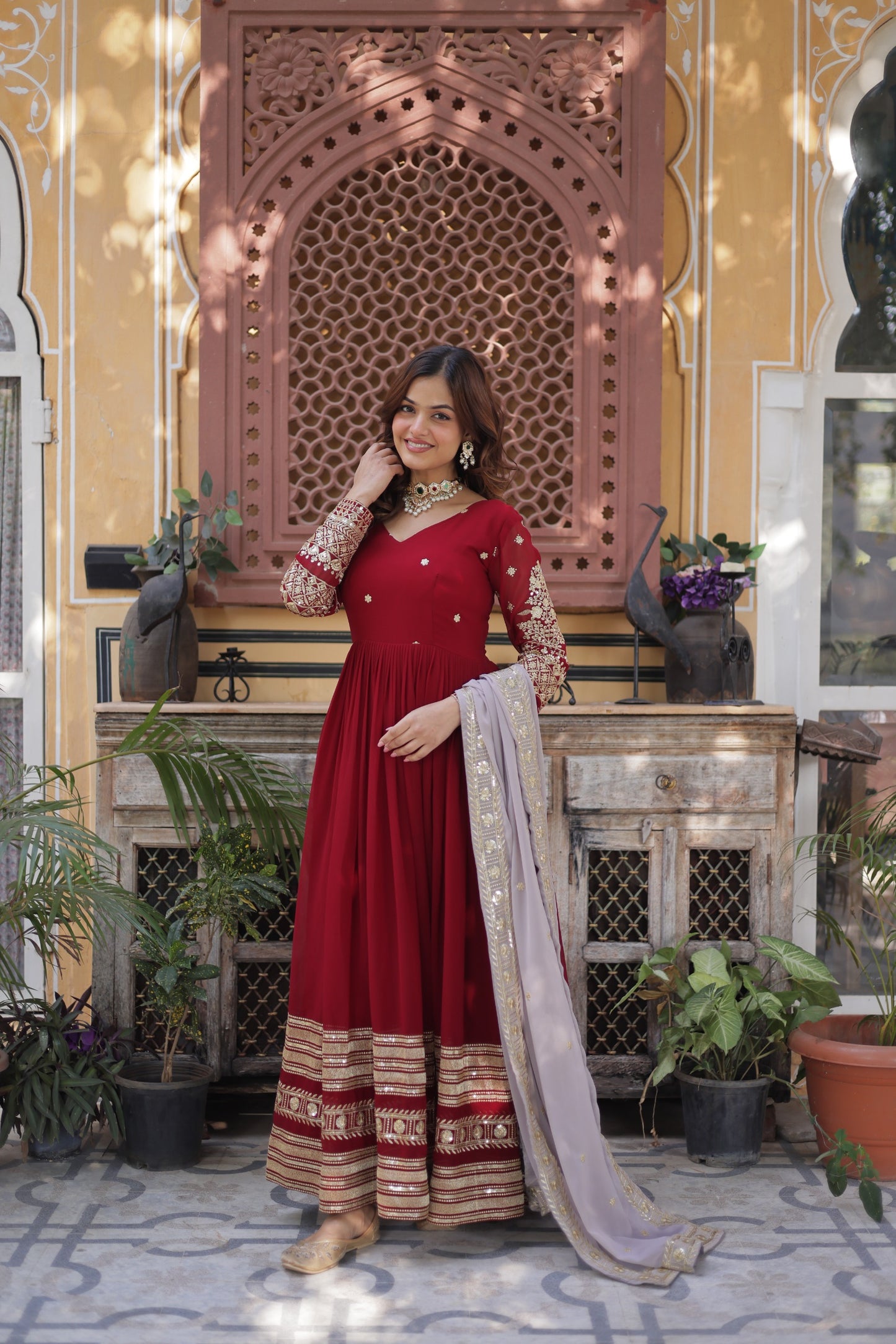 Faux Blooming Embroidered Gown with Faux Georgette Dupatta