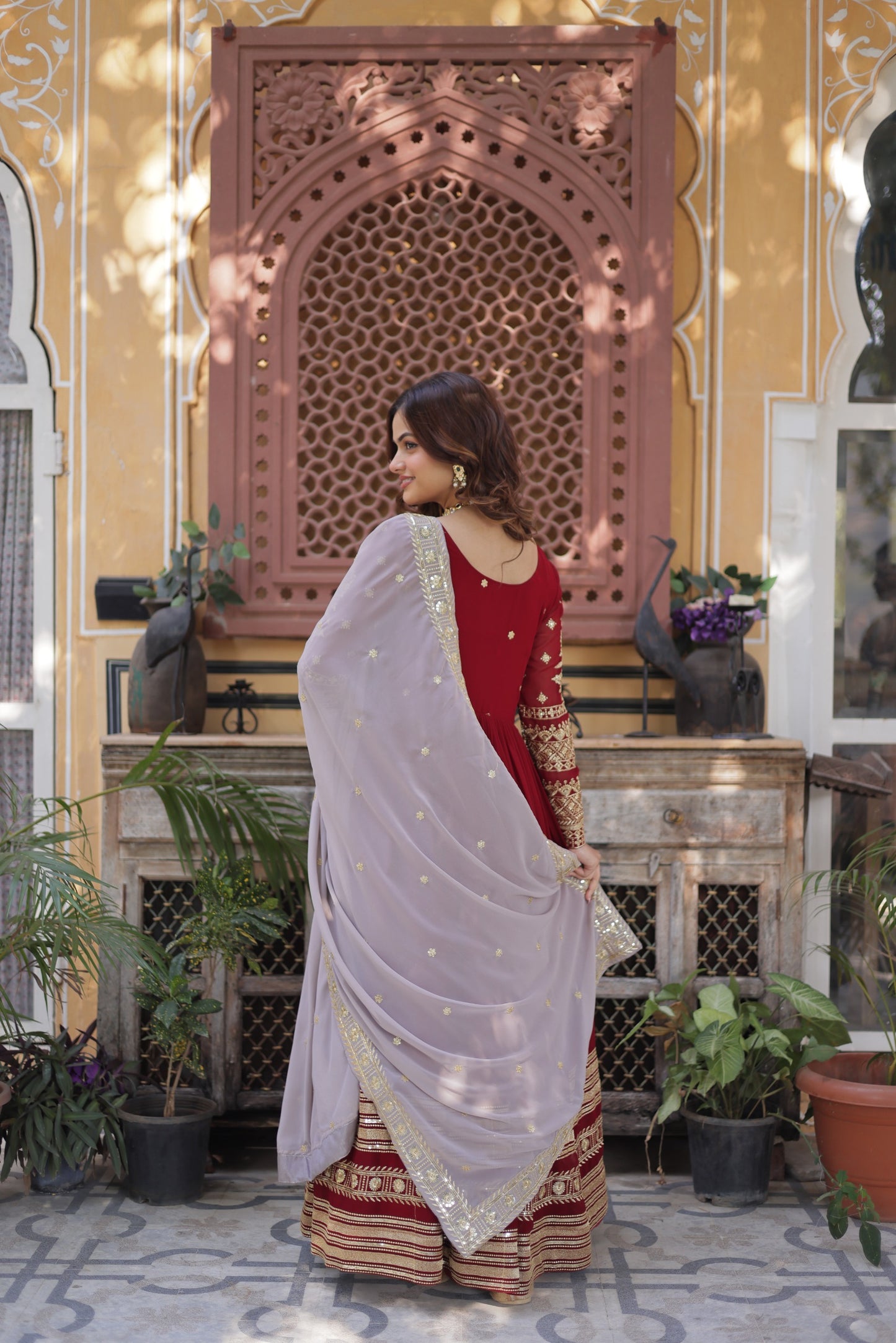Faux Blooming Embroidered Gown with Faux Georgette Dupatta