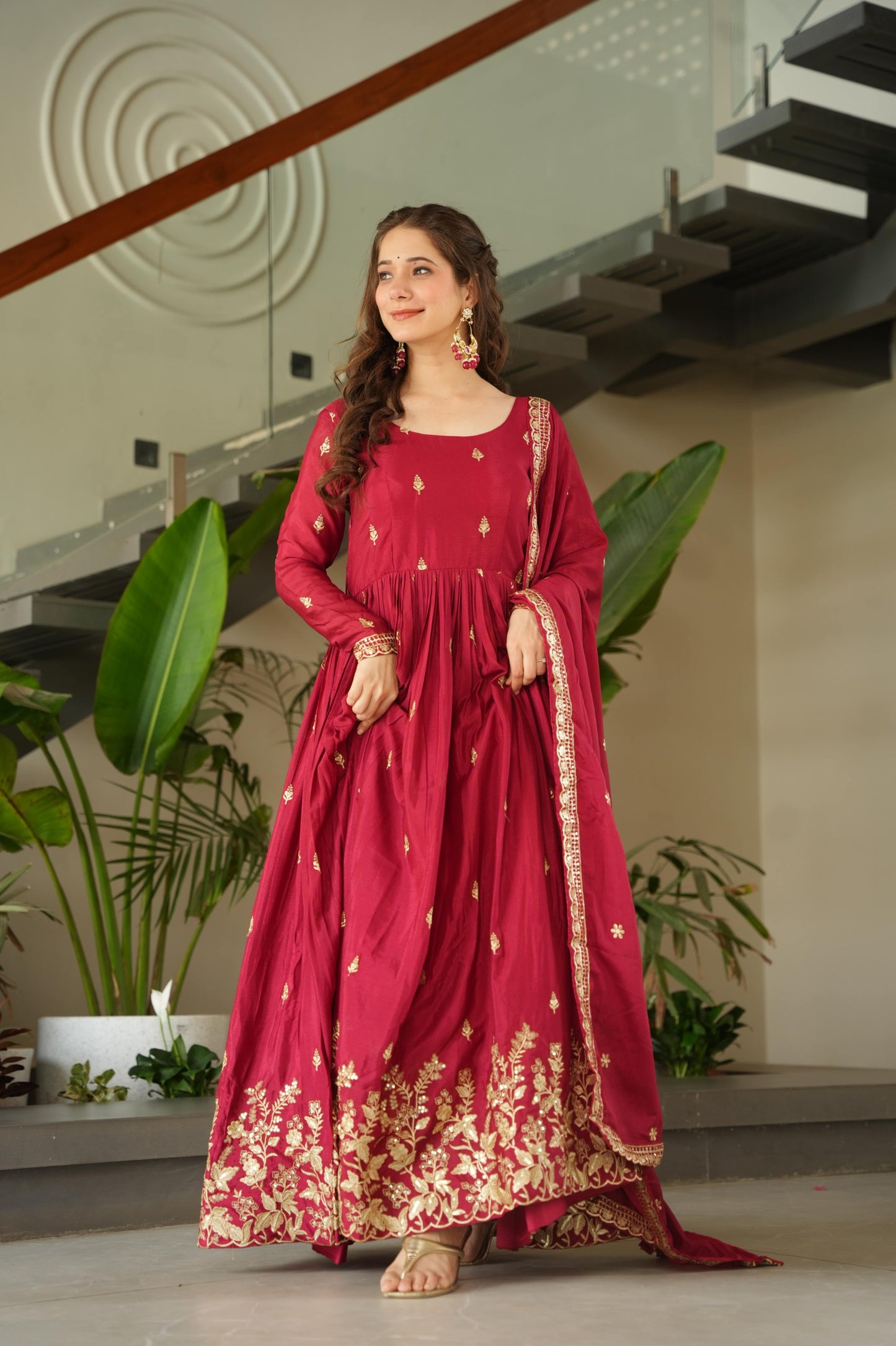Women’s Chinnon Embroidered Anarkali Gown with Dupatta