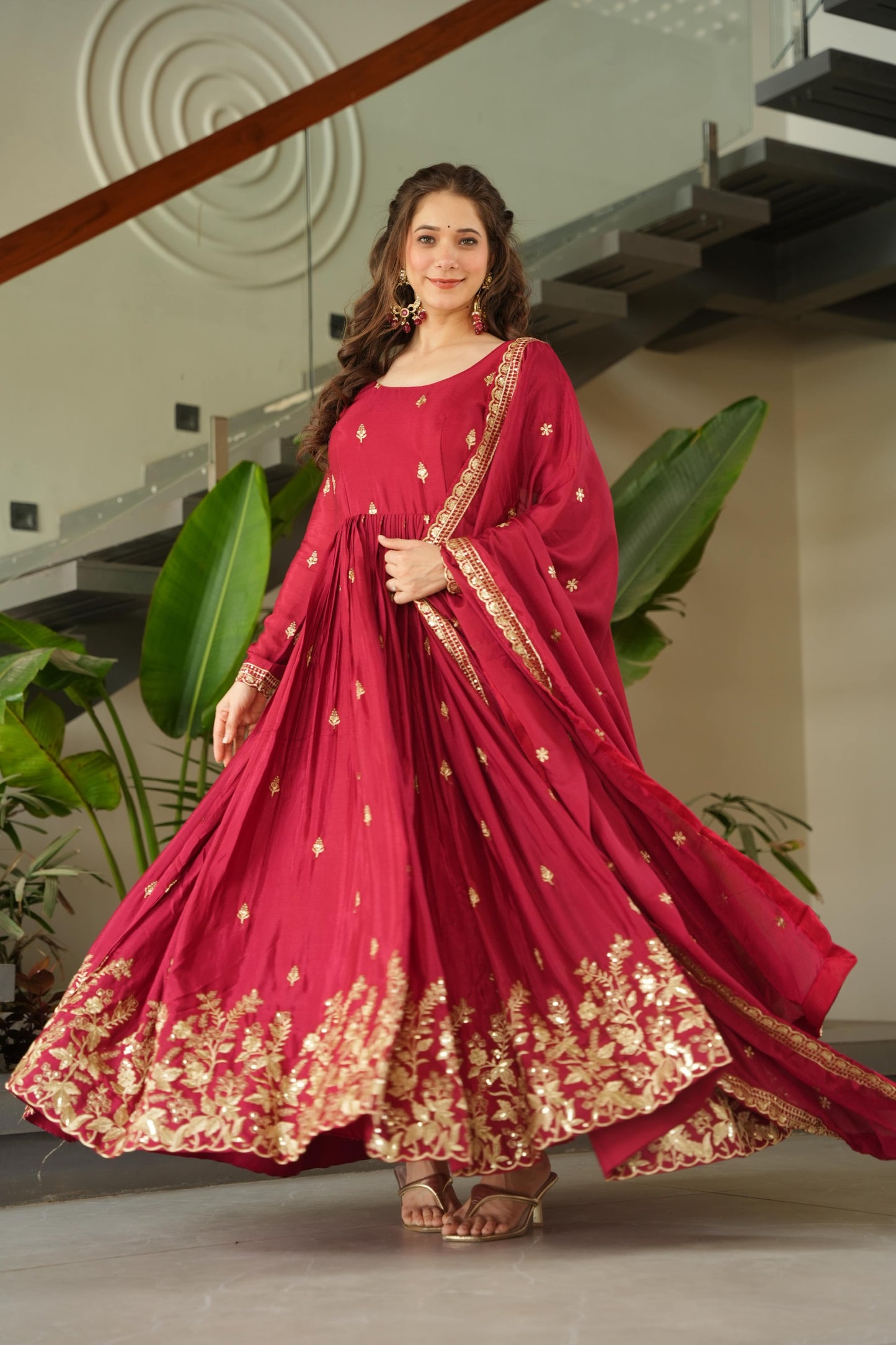 Women’s Chinnon Embroidered Anarkali Gown with Dupatta