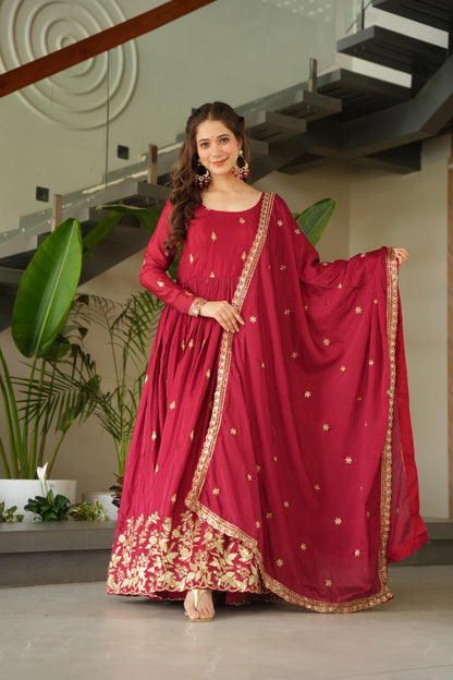 Women’s Chinnon Embroidered Anarkali Gown with Dupatta