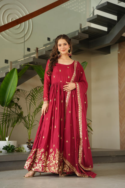 Women’s Chinnon Embroidered Anarkali Gown with Dupatta