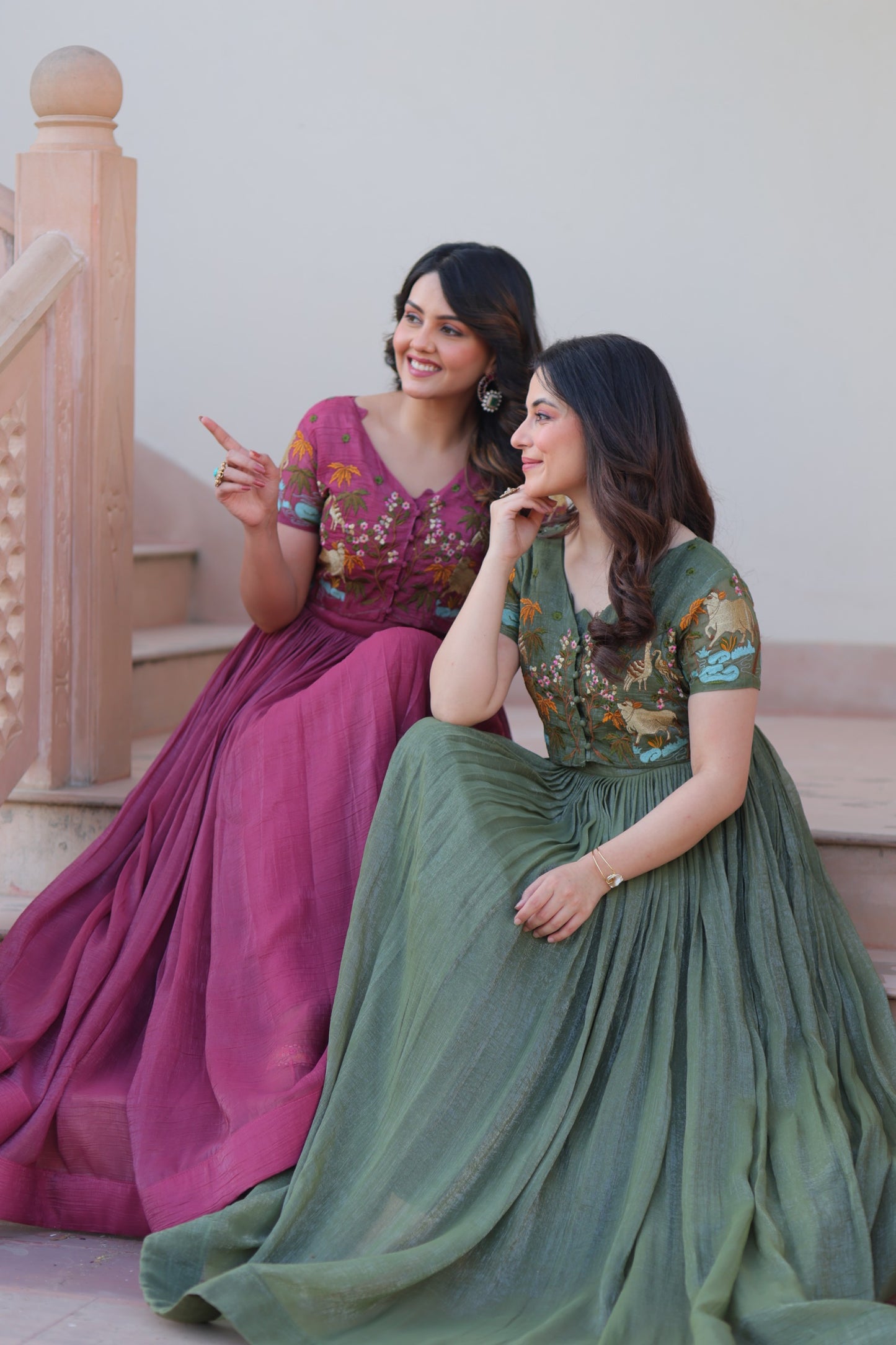 Women’s Silver Crunchy Fabric Designer Gown with Embroidered Koti