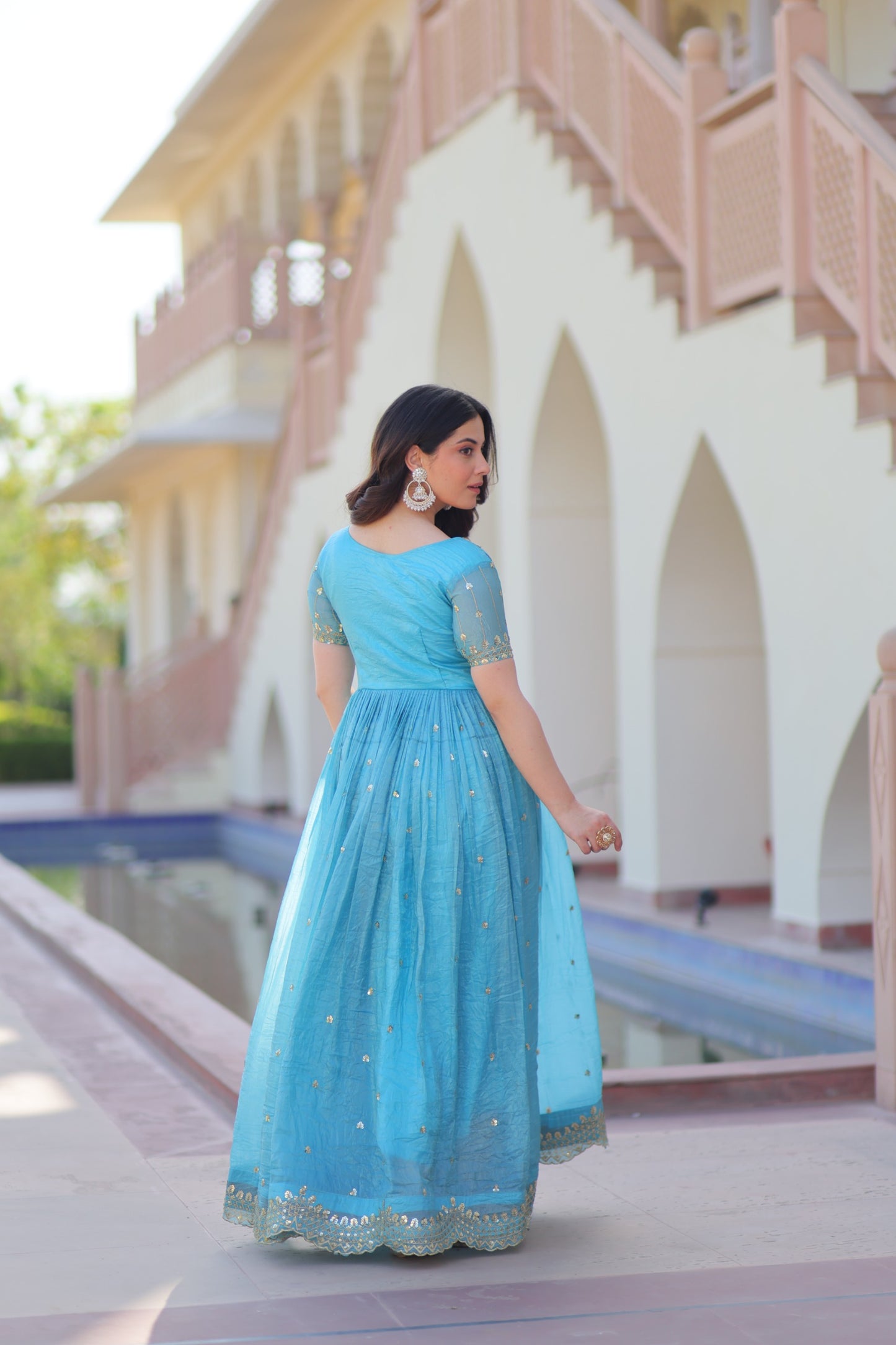 Women’s Gold Crush Embroidered Zari Sequins Work Long Gown